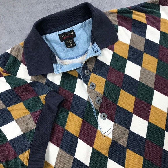 Vintage Structure Polo Shirt Mens Small Diamond Pattern Short Sleeve 90s AOP - Picture 1 of 10